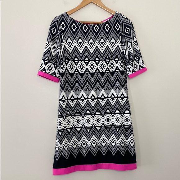 Eliza J Geometric Patterned Dress with Pink Accents 3/4 Sleeve Zipper Back Sz 10 - Picture 10 of 10
